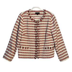 Talbots Sz 20 Fringe Pink Stripe Classic Tweed Jacket Full Zip Collarless career
